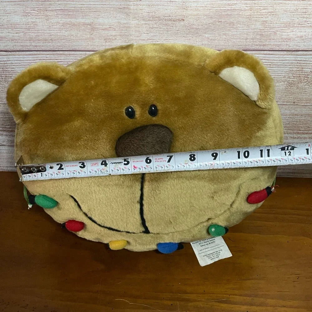 Holiday Bear Pillow Christmas round colorful lights brown plush face animal